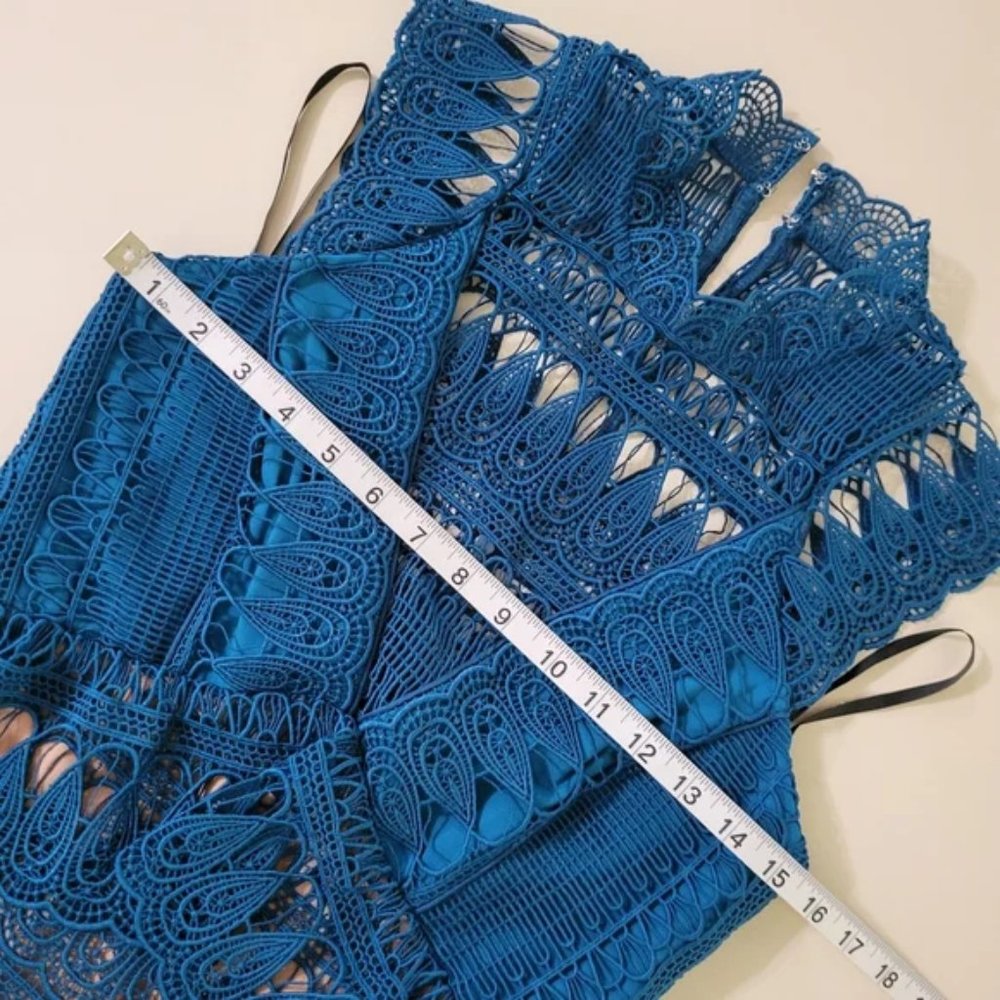 Self-Portrait Tiered Lace Mini-Dress in Teal - Picture 3 of 12